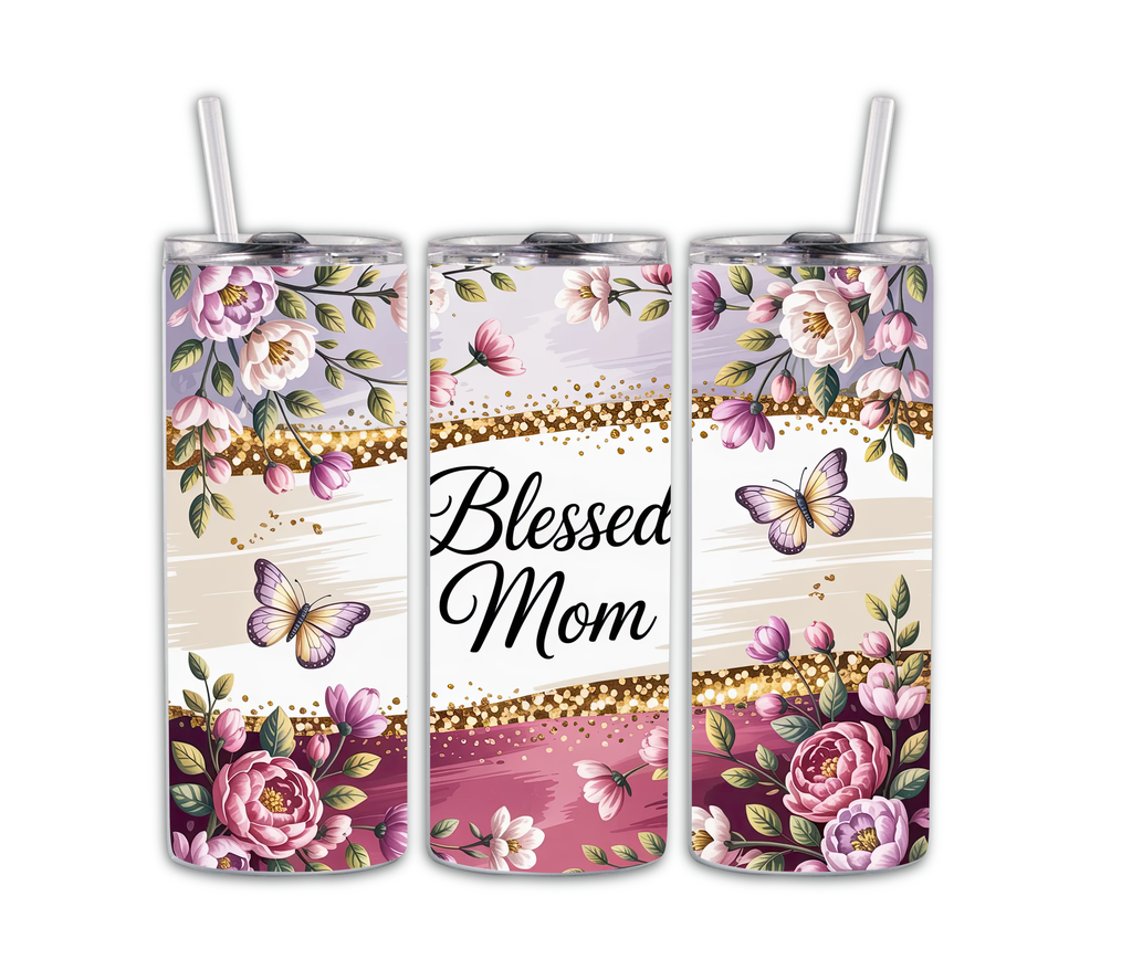 Sublimated 20 oz Floral Floral Elegant Blessed Mom Tumbler, 20 Oz, 2 Lids
