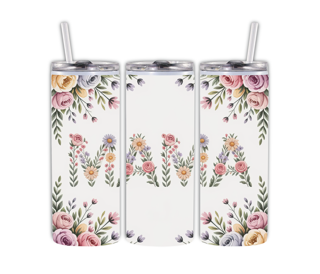 Mama Tumbler,Sublimated 20 oz Floral MAMA Tumbler Featuring Water bottle/ Regular Lid w/Straw