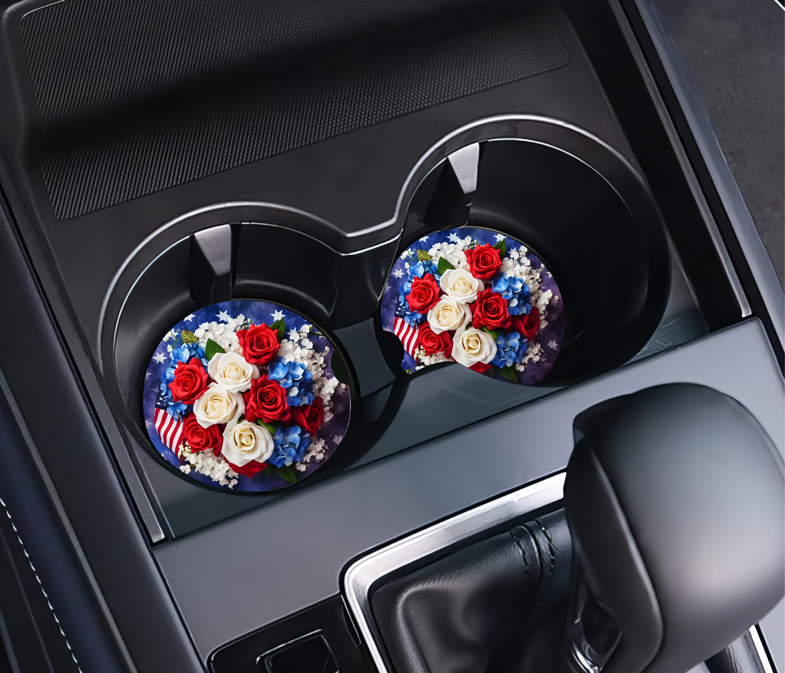 Handmade Patriotic Car Coasters Set of 2 Ceramic 2.5” Red White Blue Floral USA