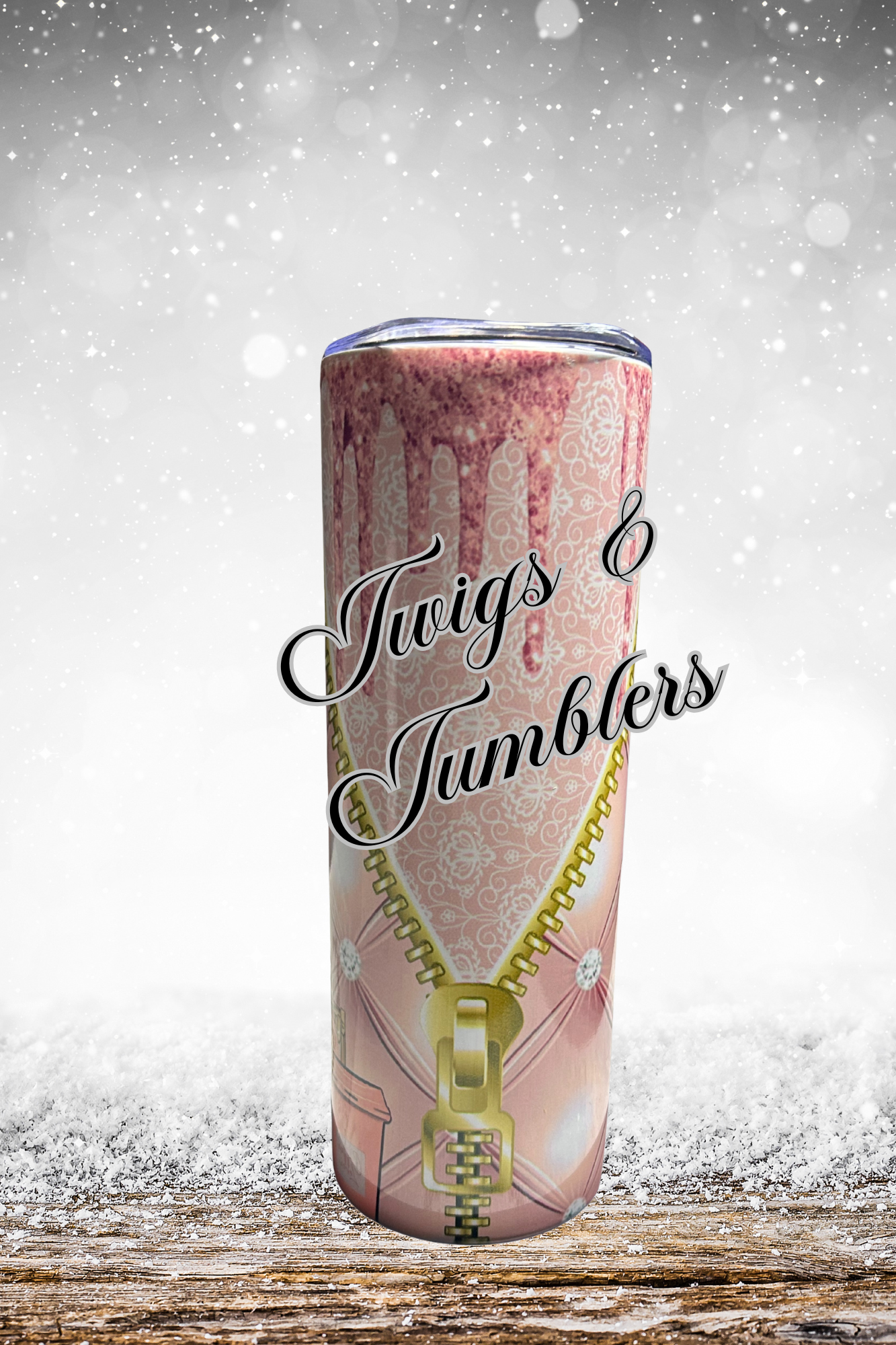 Pink Drip Zipper Tumbler – 20oz Stainless Sublimated Cup – Glitter Drip Design