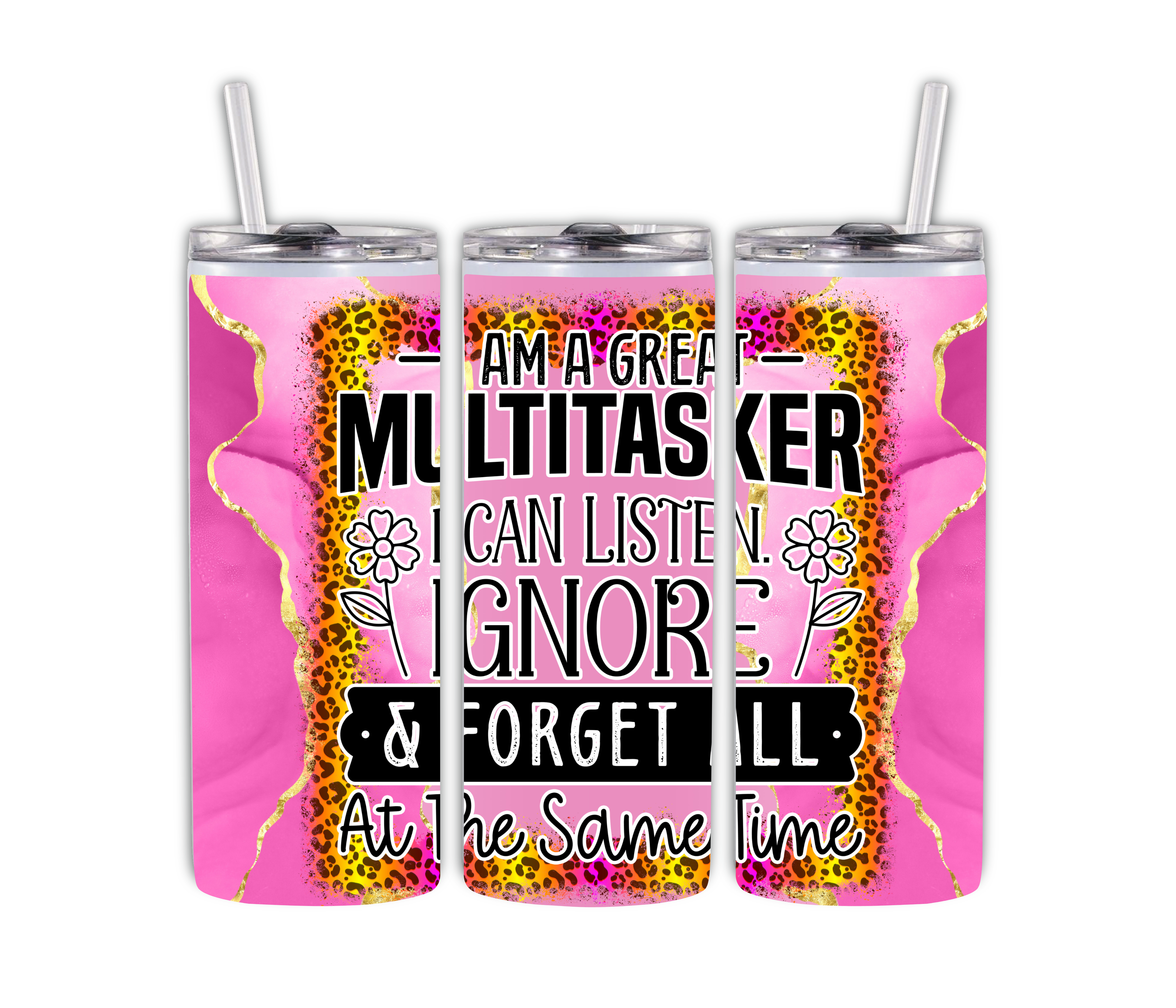 Funny Multitasker 20oz Stainless Tumbler w/ Lid & Straw –Pink Leopard Sublimated