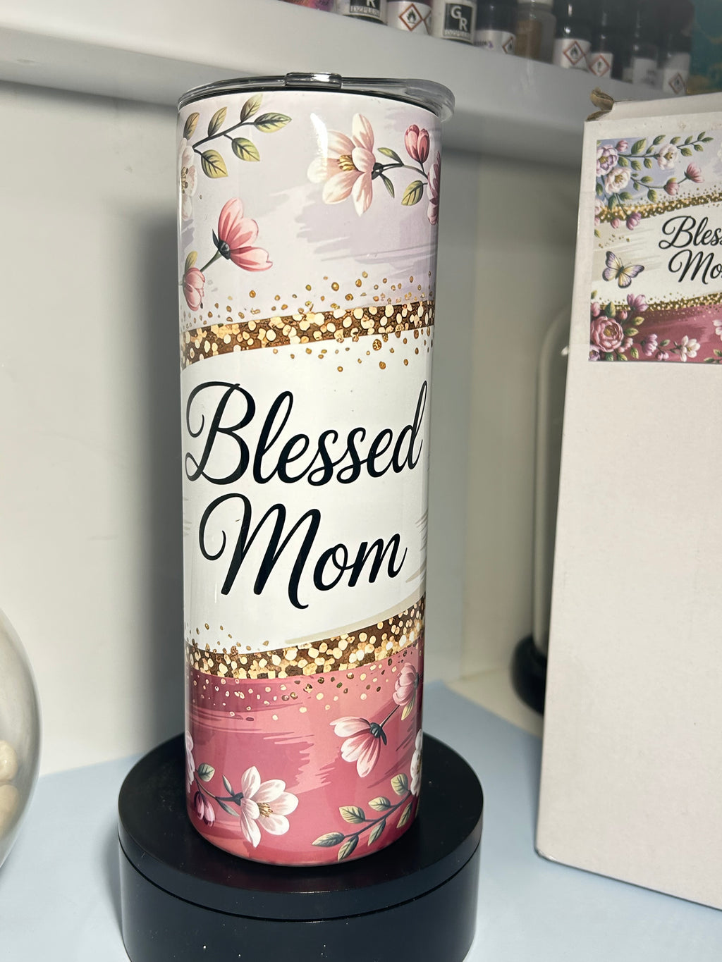 Sublimated 20 oz Floral Floral Elegant Blessed Mom Tumbler, 20 Oz, 2 Lids