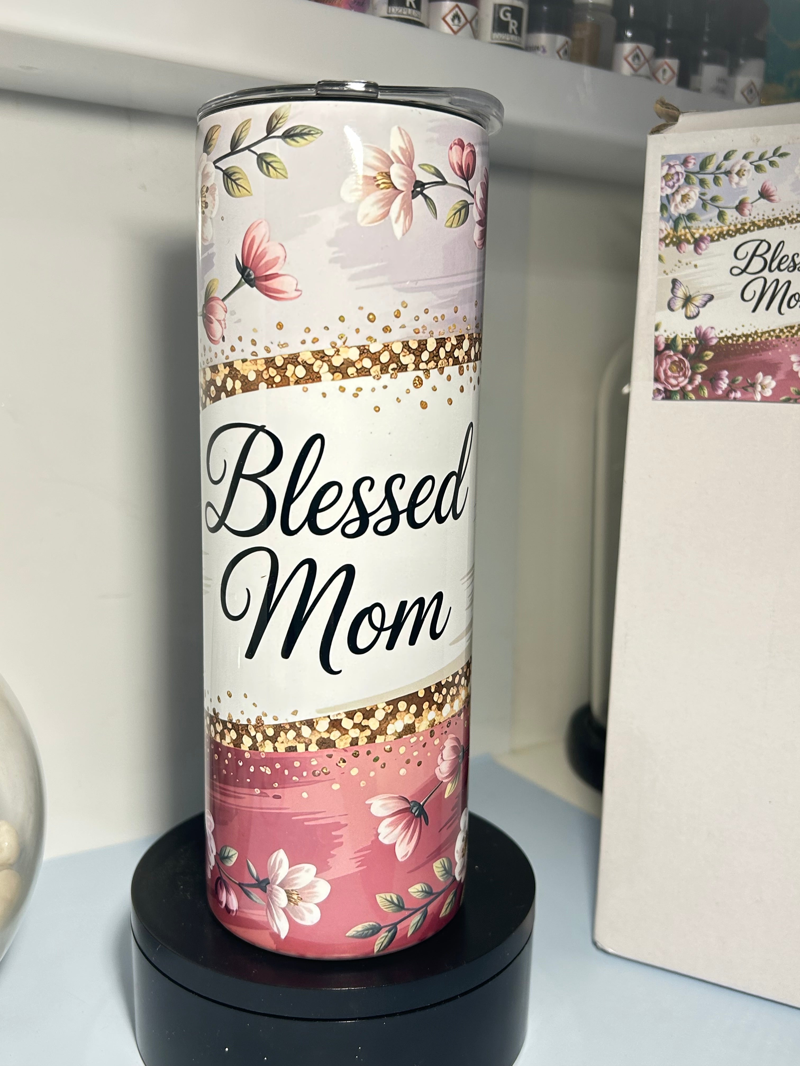 Sublimated 20 oz Floral Floral Elegant Blessed Mom Tumbler, 20 Oz, 2 Lids