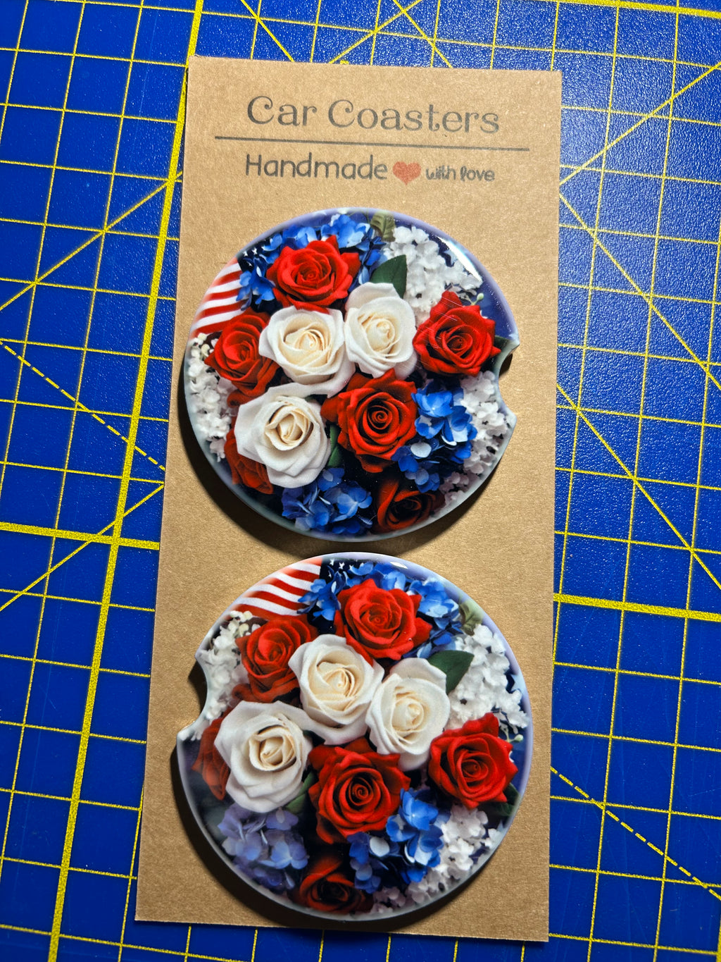 Handmade Patriotic Car Coasters Set of 2 Ceramic 2.5” Red White Blue Floral USA