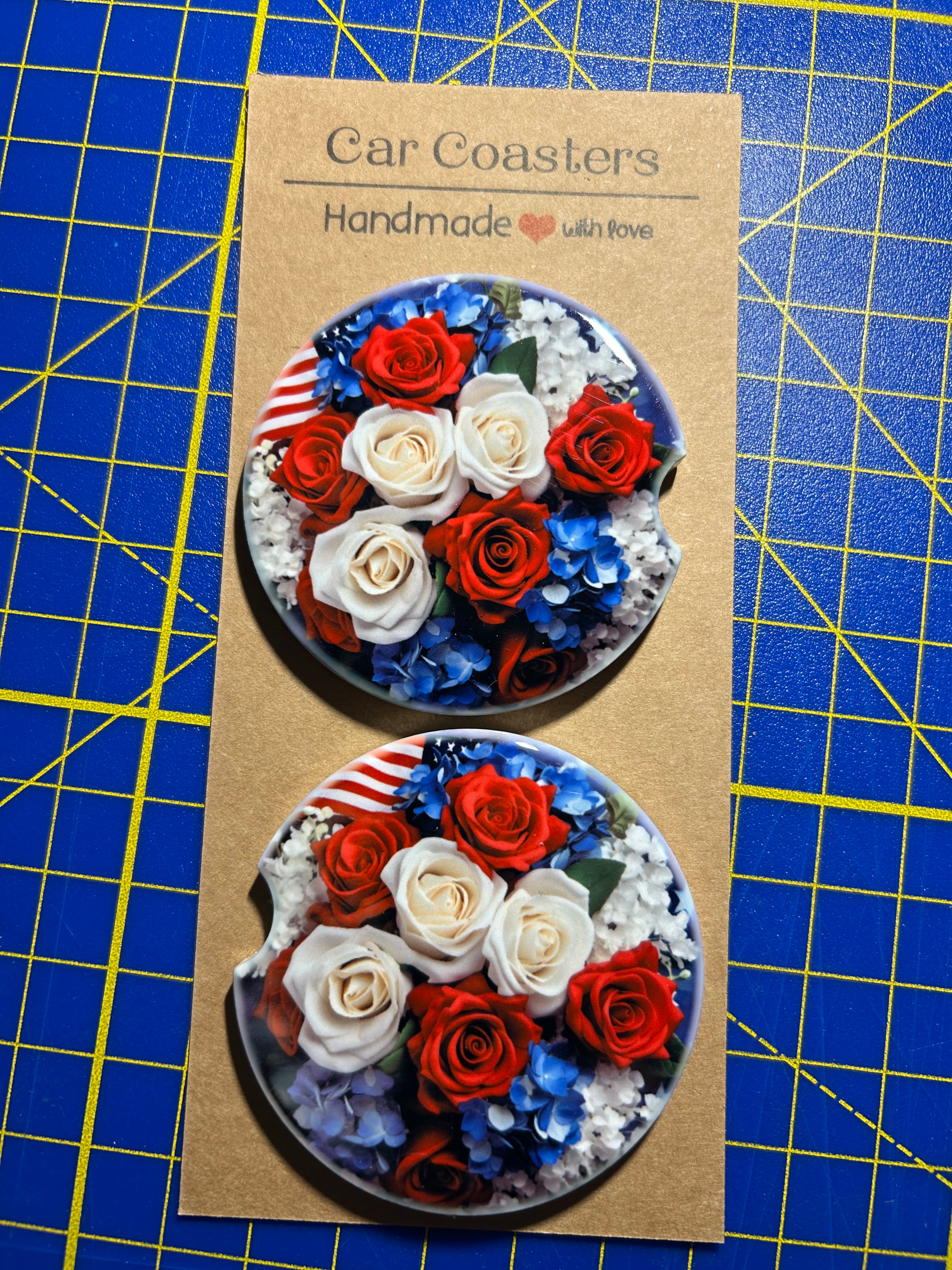 Handmade Patriotic Car Coasters Set of 2 Ceramic 2.5” Red White Blue Floral USA