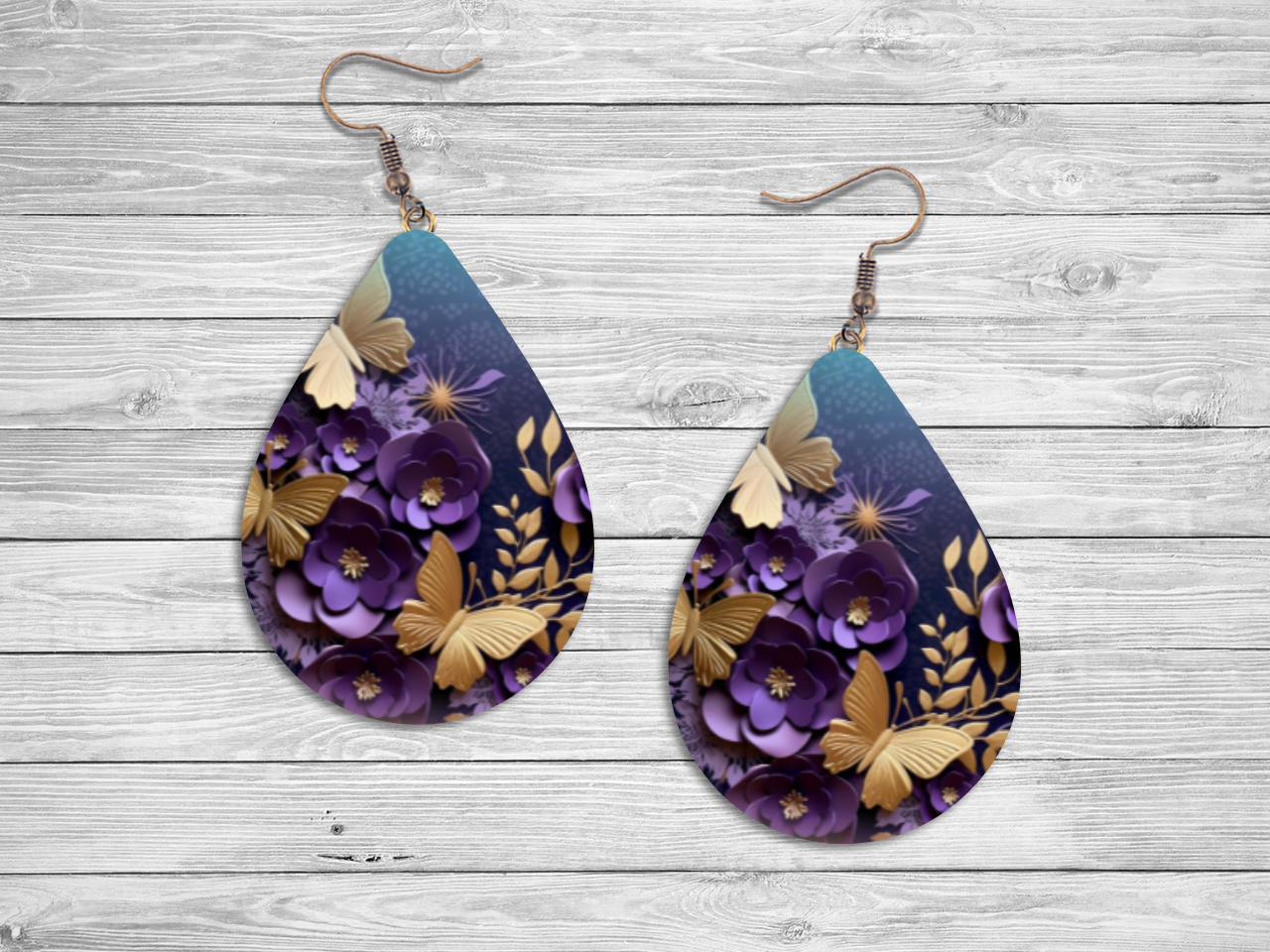 Purple w/Gold Butterflies Teardrop Earrings, Sublimated Earrings, MDF