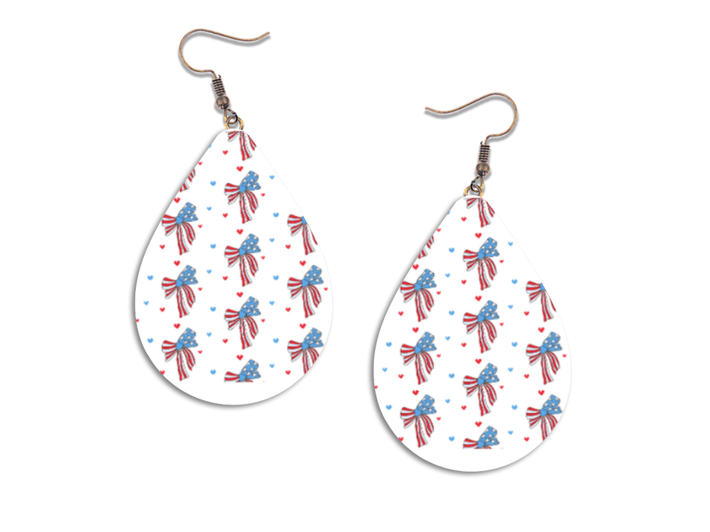 Teardrop-shaped earrings with a red, white, and blue pattern on a white background