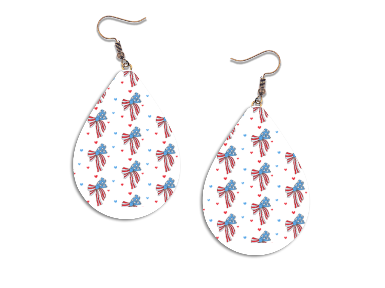 Teardrop-shaped earrings with a red, white, and blue pattern on a white background