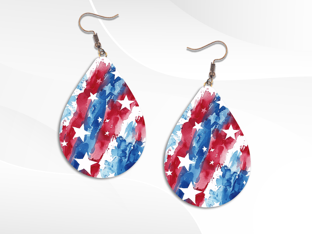 Teardrop-shaped earrings with a red, white, and blue pattern on a white background