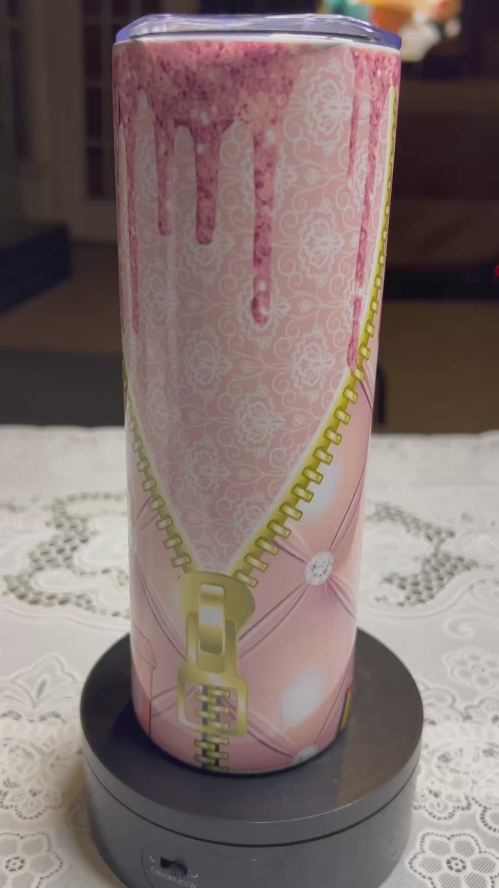 Pink Drip Zipper Tumbler – 20oz Stainless Sublimated Cup – Glitter Drip Design