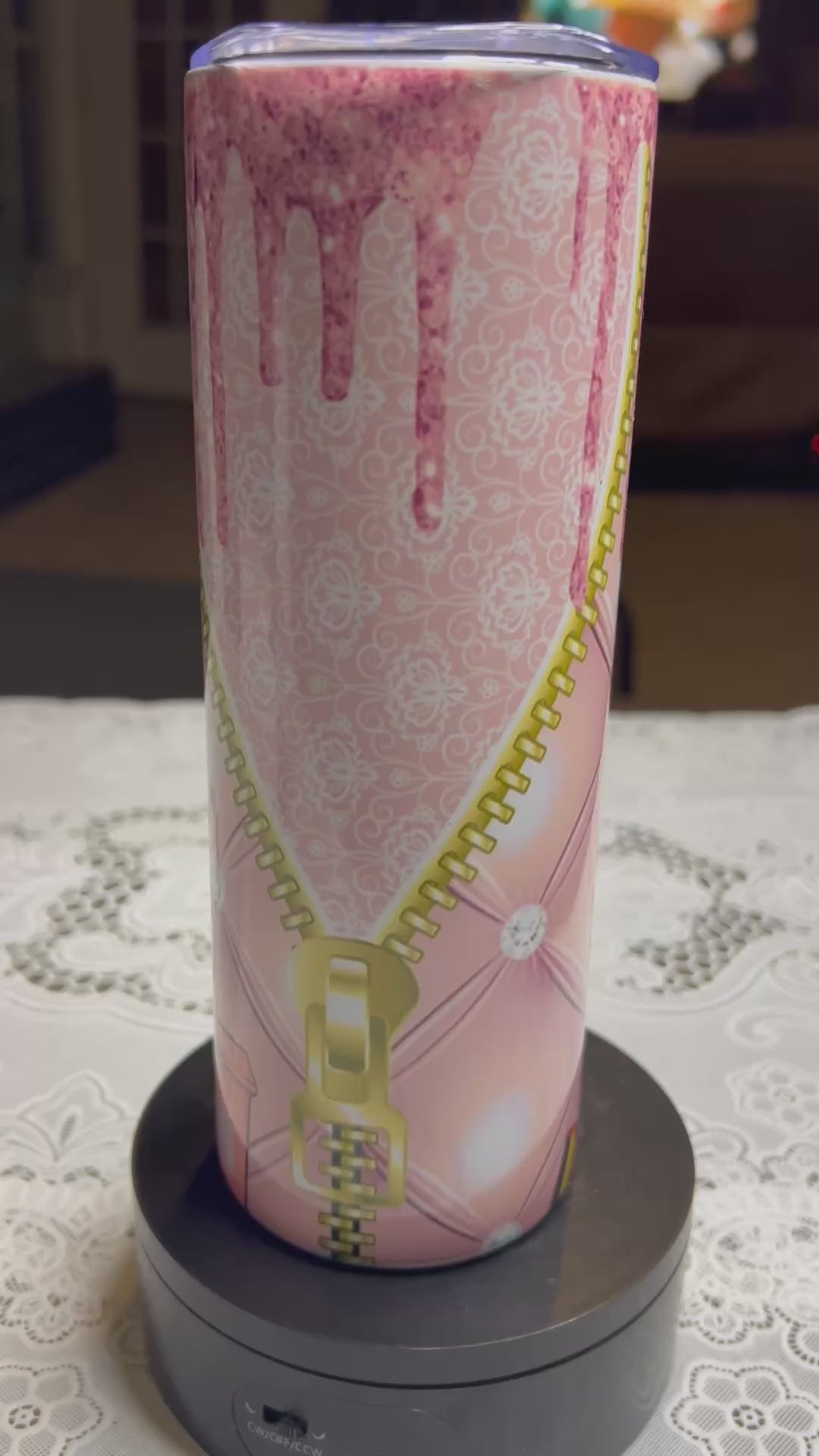 Pink Drip Zipper Tumbler – 20oz Stainless Sublimated Cup – Glitter Drip Design
